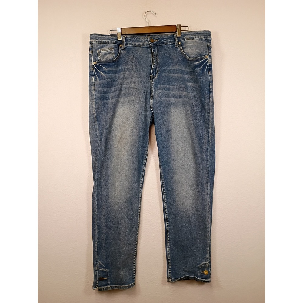Boho Artsy Unbranded Women 3XL Blue Embroidered Pocket Split Hem Straight Jeans